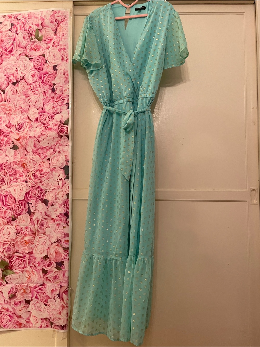 Turquoise Maxi Wrap Dress with Silver Dot Accents